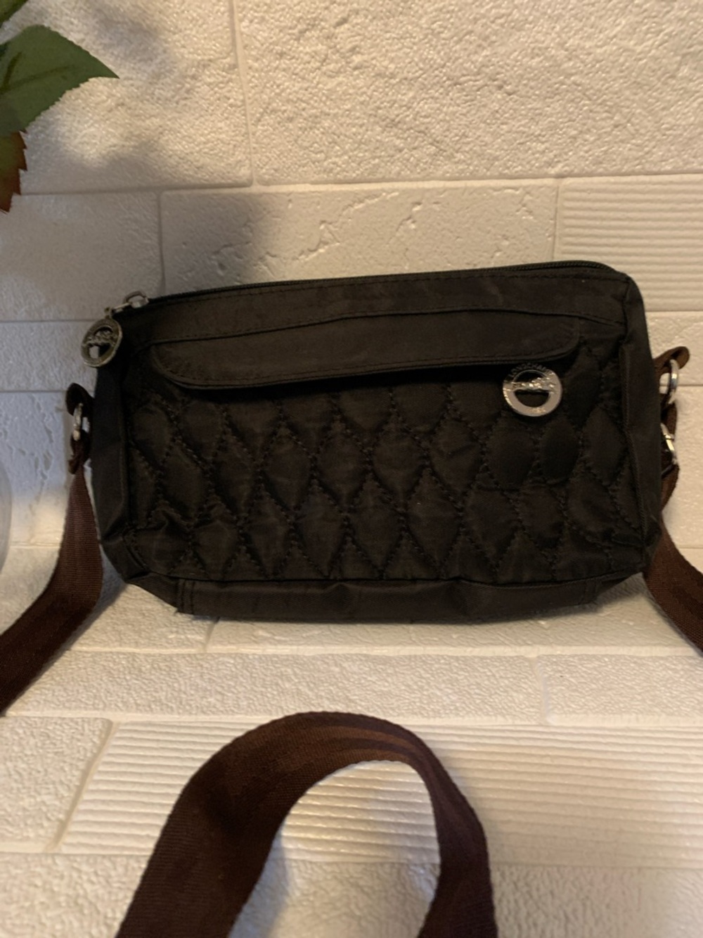 Longchamp Black Quilted Crossbody with Brown Strap